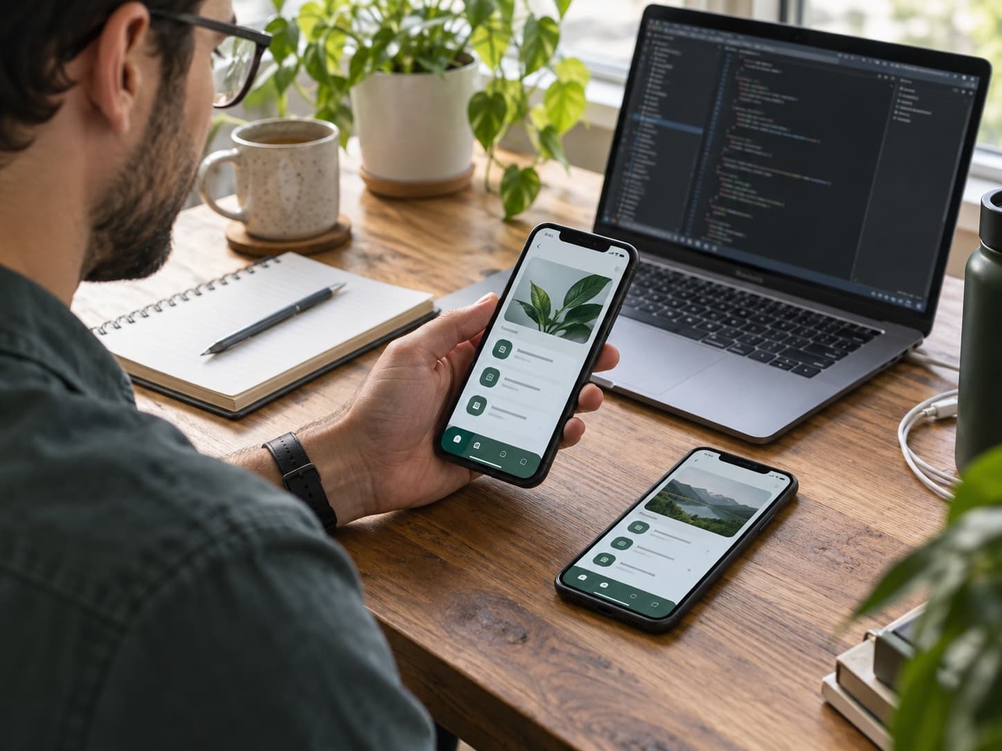Mobile developer testing an application on smartphones